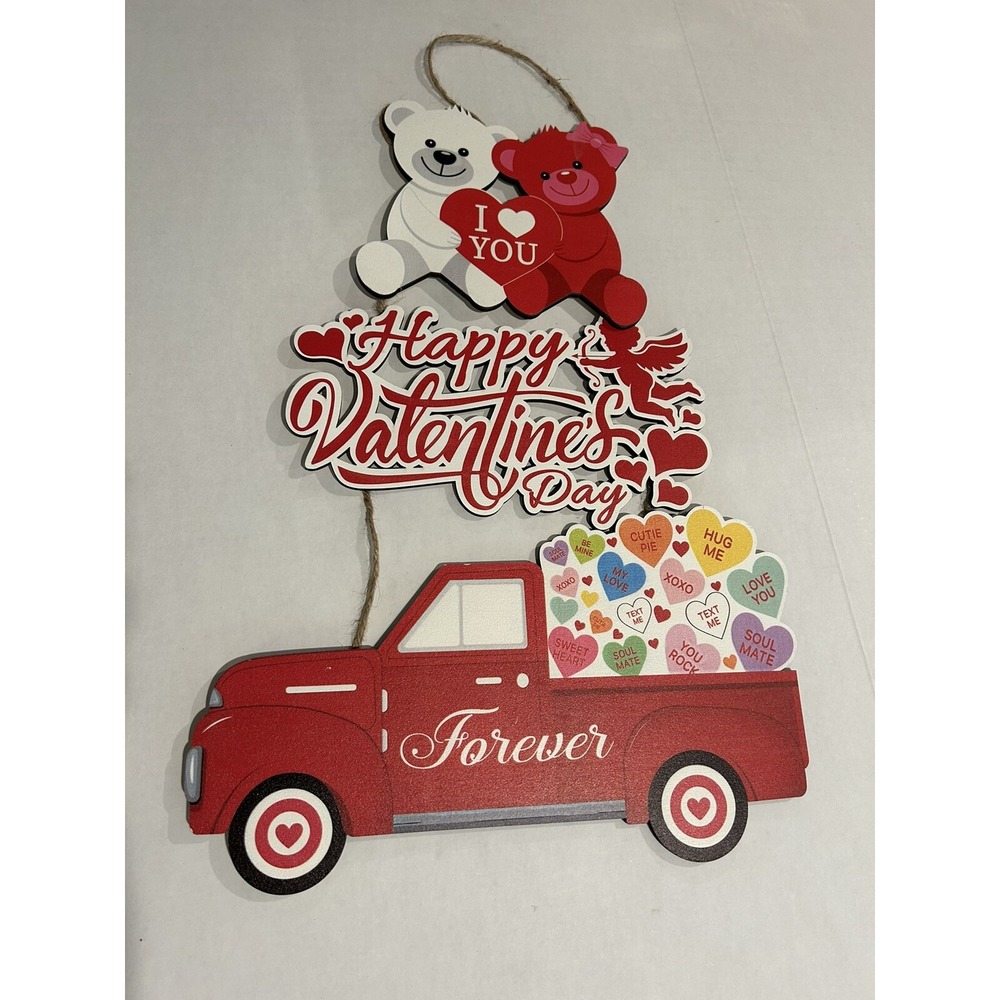 Happy Valentines Day Wooden Door Hanger Large New 24"‎ Hearts Truck Bears